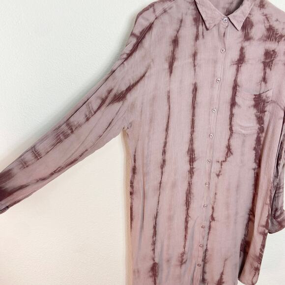 Black Swan‎ Shirt Dress Size S Mauve Tie Dye Crinkle Gauze Pockets Mini - Picture 9 of 9